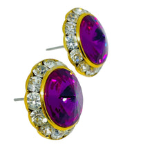 Load image into Gallery viewer, Vintage gold tone fuchsia rivoli glass rhinestones designer post earrings
