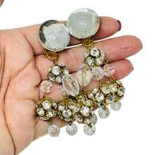 Load image into Gallery viewer, Vintage gold tone glass beads rhinestone designer clip on dangle earrings
