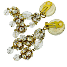 Load image into Gallery viewer, Vintage gold tone glass beads rhinestone designer clip on dangle earrings
