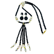 Load image into Gallery viewer, Vintage gold tone glass crystal beaded tassel designer necklace earrings set
