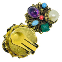 Load image into Gallery viewer, Vintage gold tone glass gemstones 70's designer clip on earrings
