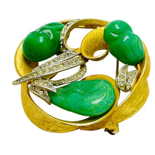 Load image into Gallery viewer, Vintage gold tone glass green jade rhinestone designer brooch
