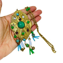 Load image into Gallery viewer, Vintage gold tone glass jade gemstones designer pendant necklace
