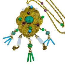 Load image into Gallery viewer, Vintage gold tone glass jade gemstones designer pendant necklace
