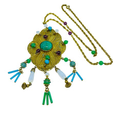 Load image into Gallery viewer, Vintage gold tone glass jade gemstones designer pendant necklace
