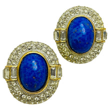 Load image into Gallery viewer, Vintage gold tone glass lapis rhinestone designer clip on earrings
