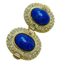 Load image into Gallery viewer, Vintage gold tone glass lapis rhinestone designer clip on earrings
