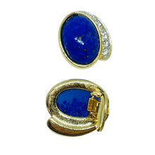 Load image into Gallery viewer, Vintage gold tone glass lapis rhinestones designer clip on earrings
