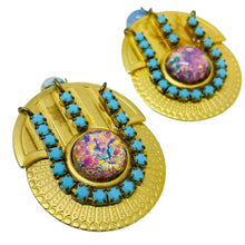 Load image into Gallery viewer, Vintage gold tone glass opal turquoise stones designer clip on earrings
