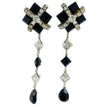 Load image into Gallery viewer, Vintage gold tone glass rhinestones long dangle designer clip on earrings
