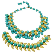 Load image into Gallery viewer, Vintage gold tone glass turquoise grapes leafs designer necklace bracelet set
