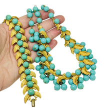 Load image into Gallery viewer, Vintage gold tone glass turquoise grapes leafs designer necklace bracelet set
