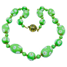 Load image into Gallery viewer, Vintage gold tone green art glass beads with flowers designer necklace

