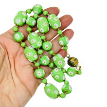 Load image into Gallery viewer, Vintage gold tone green art glass beads with flowers designer necklace
