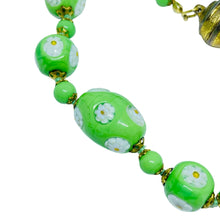 Load image into Gallery viewer, Vintage gold tone green art glass beads with flowers designer necklace
