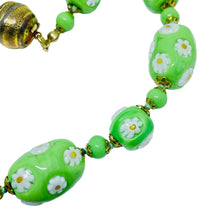 Load image into Gallery viewer, Vintage gold tone green art glass beads with flowers designer necklace
