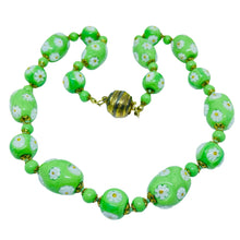 Load image into Gallery viewer, Vintage gold tone green art glass beads with flowers designer necklace

