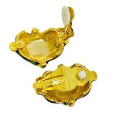 Load image into Gallery viewer, Vintage gold tone green enamel designer 80's clip on earrings
