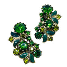 Load image into Gallery viewer, Vintage gold tone green enamel rhinestones designer clip on earrings
