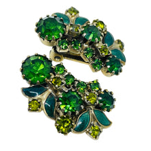 Load image into Gallery viewer, Vintage gold tone green enamel rhinestones designer clip on earrings
