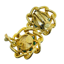 Load image into Gallery viewer, Vintage gold tone green glass cabochon designer clip on earrings

