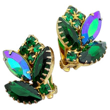 Load image into Gallery viewer, Vintage gold tone green glass designer clip on earrings
