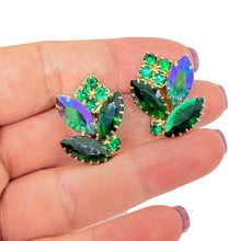 Load image into Gallery viewer, Vintage gold tone green glass designer clip on earrings
