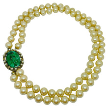 Load image into Gallery viewer, Vintage gold tone green glass jade pearls beads designer brooch necklace
