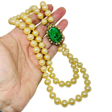 Load image into Gallery viewer, Vintage gold tone green glass jade pearls beads designer brooch necklace
