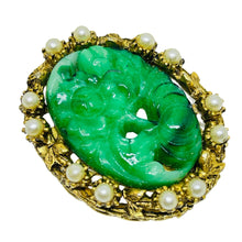 Load image into Gallery viewer, Vintage gold tone green glass jade pearls beads designer brooch necklace
