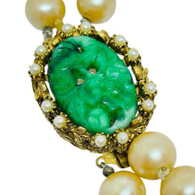 Load image into Gallery viewer, Vintage gold tone green glass jade pearls beads designer brooch necklace

