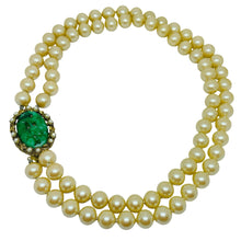 Load image into Gallery viewer, Vintage gold tone green glass jade pearls beads designer brooch necklace
