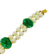 Load image into Gallery viewer, Vintage gold tone green glass jade pearls designer bracelet
