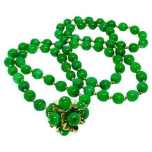 Load image into Gallery viewer, Vintage gold tone green jade art glass beads flower clasp designer necklace
