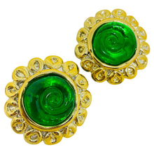 Load image into Gallery viewer, Vintage gold tone green resin designer 80's clip on earrings
