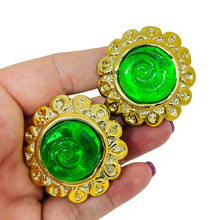 Load image into Gallery viewer, Vintage gold tone green resin designer 80's clip on earrings
