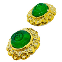 Load image into Gallery viewer, Vintage gold tone green resin designer 80's clip on earrings
