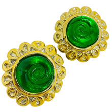 Load image into Gallery viewer, Vintage gold tone green resin designer 80's clip on earrings
