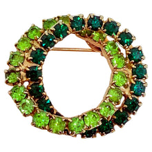 Load image into Gallery viewer, Vintage gold tone green rhinestone double circle brooch
