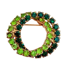 Load image into Gallery viewer, Vintage gold tone green rhinestone double circle brooch
