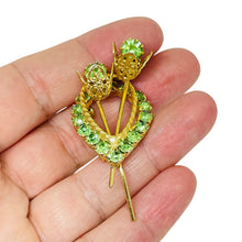 Load image into Gallery viewer, Vintage gold tone green rhinestone flower designer brooch
