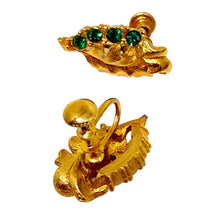 Load image into Gallery viewer, Vintage gold tone green rhinestones leaf screw back earrings

