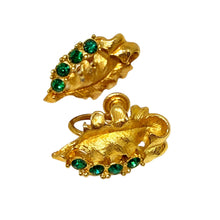 Load image into Gallery viewer, Vintage gold tone green rhinestones leaf screw back earrings
