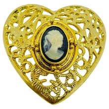 Load image into Gallery viewer, Vintage gold tone heart faux cameo large designer brooch
