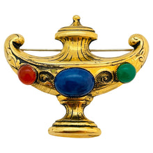 Load image into Gallery viewer, Vintage gold tone jewel cabochons Etruscan designer brooch
