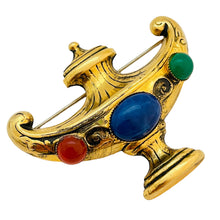 Load image into Gallery viewer, Vintage gold tone jewel cabochons Etruscan designer brooch
