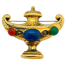 Load image into Gallery viewer, Vintage gold tone jewel cabochons Etruscan designer brooch

