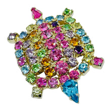 Load image into Gallery viewer, Vintage gold tone jewel rhinestones turtle figural designer brooch
