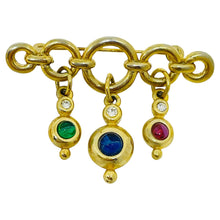Load image into Gallery viewer, Vintage gold tone jewel ruby sapphire emerald glass dangle designer brooch
