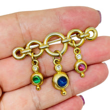 Load image into Gallery viewer, Vintage gold tone jewel ruby sapphire emerald glass dangle designer brooch
